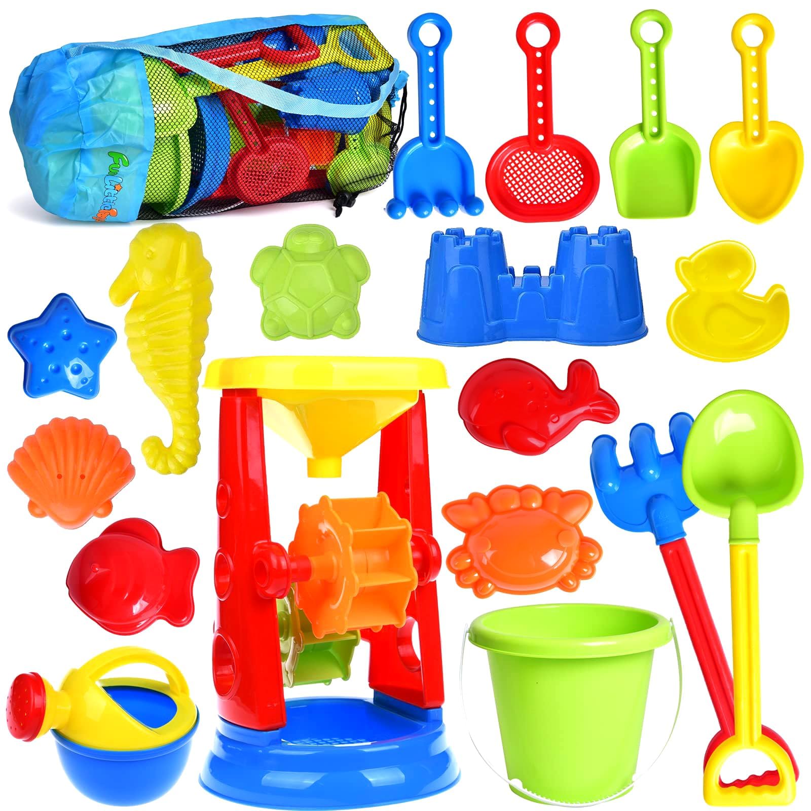Beach Toys 19 Piece Sand Toys Set components including bucket water wheel and molds