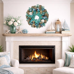 Starfish sand dollar accents on turquoise deco mesh wreath