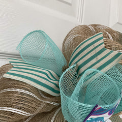 Inner ring turquoise coral seahorse ribbons burlap with white dots on wreath