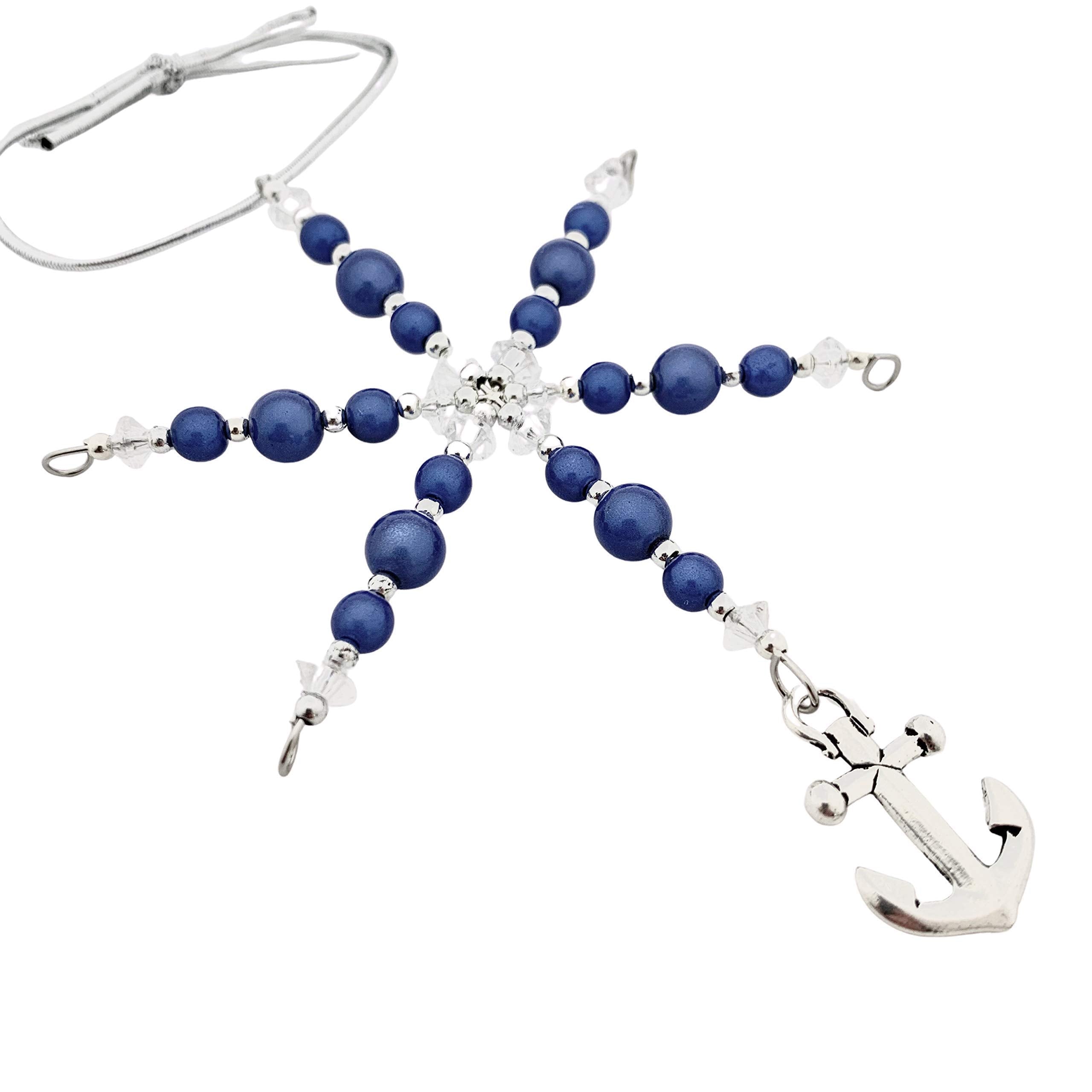 Beaded snowflake ornament with pewter anchor charm and blue miracle beads