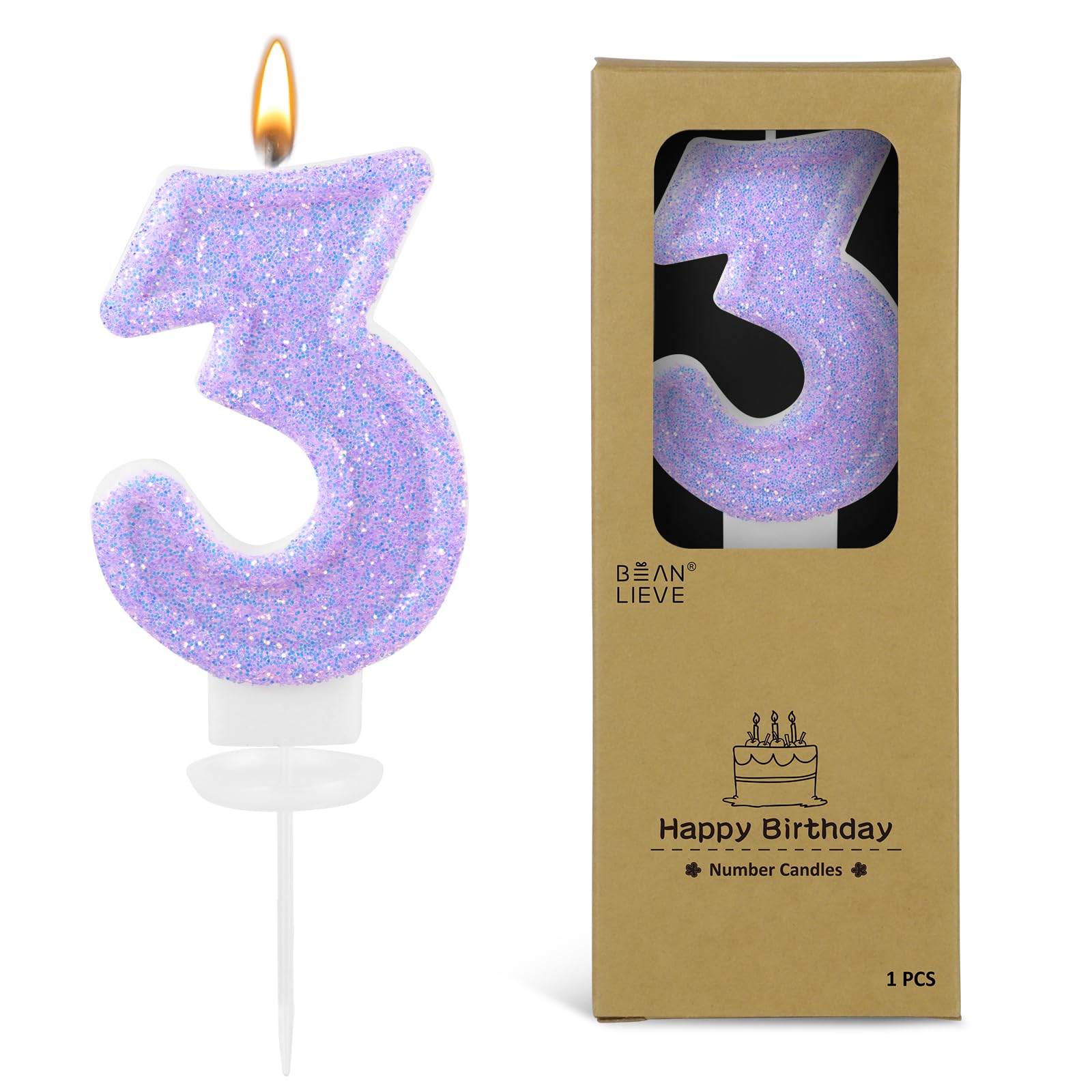 BEAN LIEVE birthday candles number 3 purple glitter close up