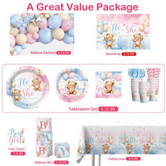 bear theme gender reveal kit with balloons and tableware for 20 guests
