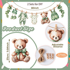Bear themed elements in sage green watercolor design for baby shower garland