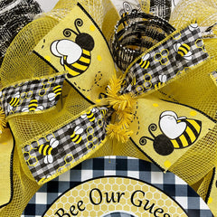 Handmade USA wreath with bumble bee sign and ribbons