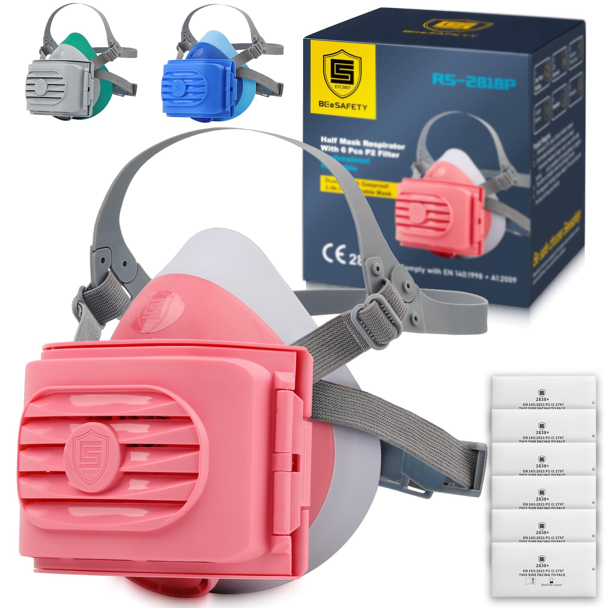 BEESAFETY dust mask half face reusable respirator pink with 6 replaceable filter pads