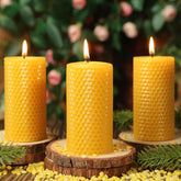 Beeswax Pillar Candles honeycomb yellow 2x4inch close up