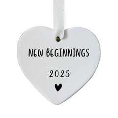 Beginnings 2025 Ornament heart shaped ceramic with white ribbon