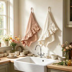 Ruffled trim detail on beige and brown towels