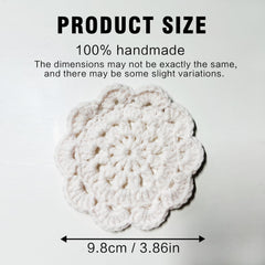Four piece handmade crochet coasters close up