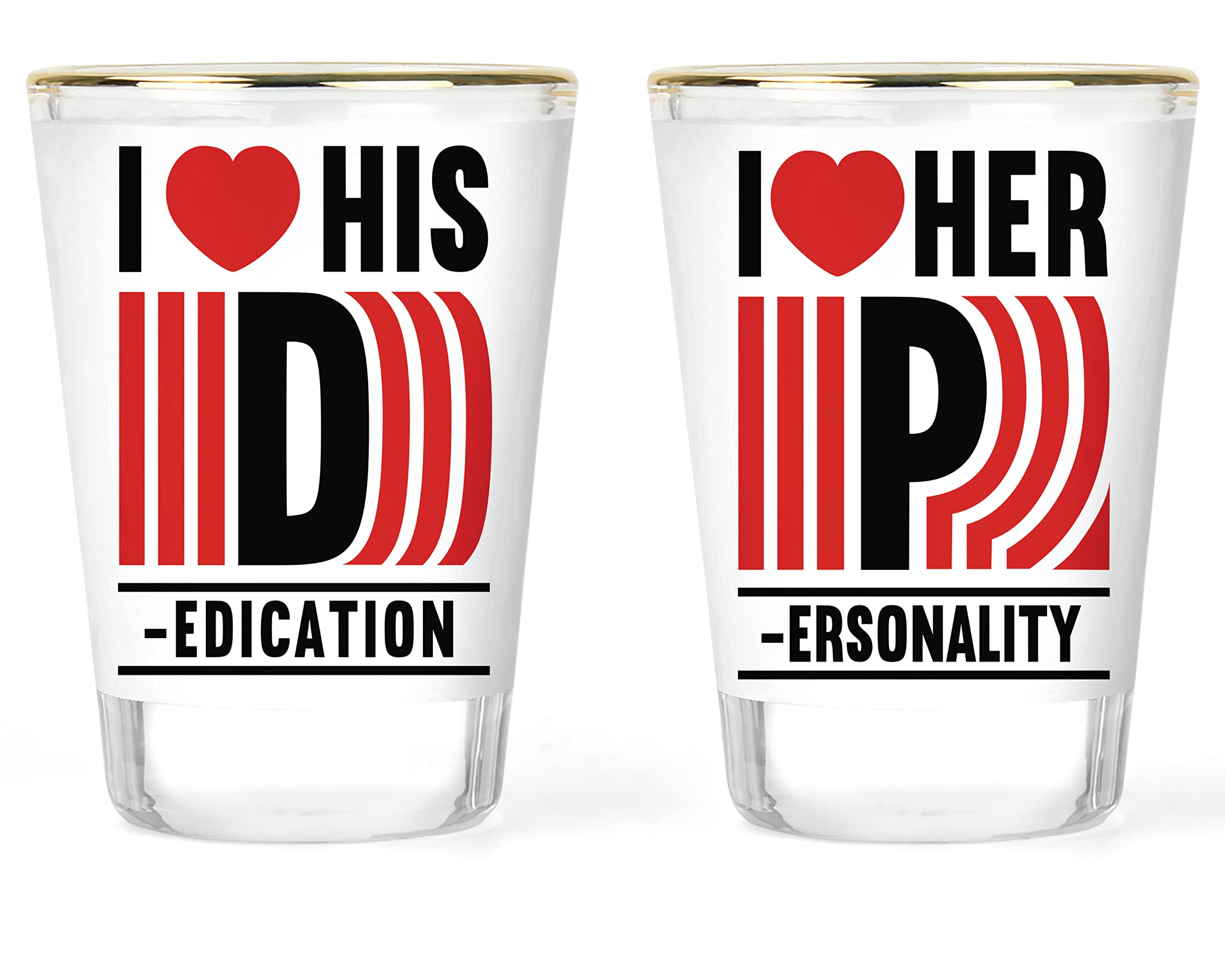 Bella Badge Designs His and Hers Shot Glass Set of 2 with glossy gold rims