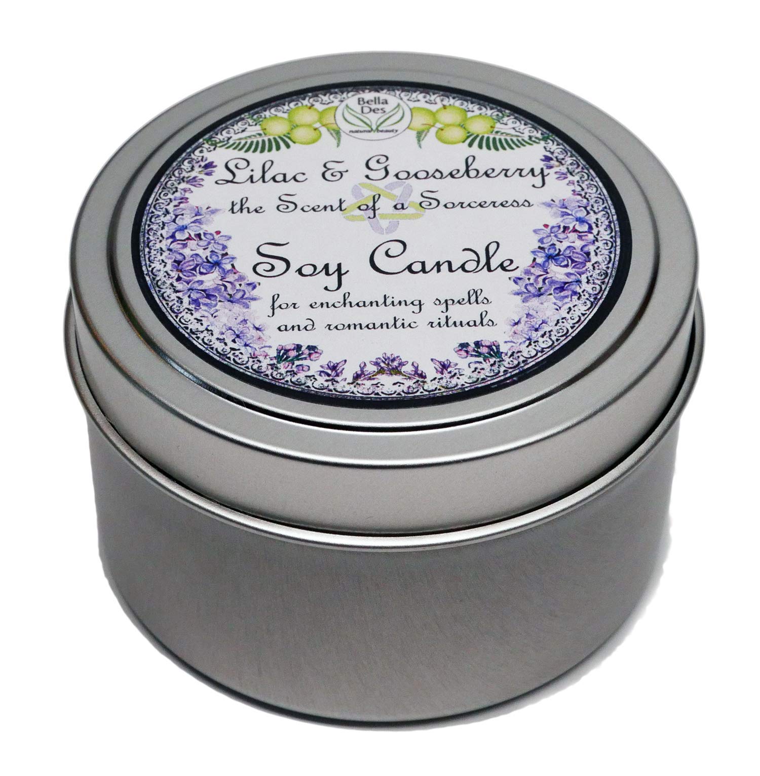 Bella Des Natural Beauty Lilac and Gooseberry candle in tin
