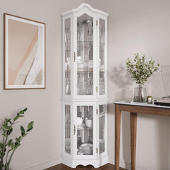 White BELLEZE curved wood corner cabinet with tempered glass doors