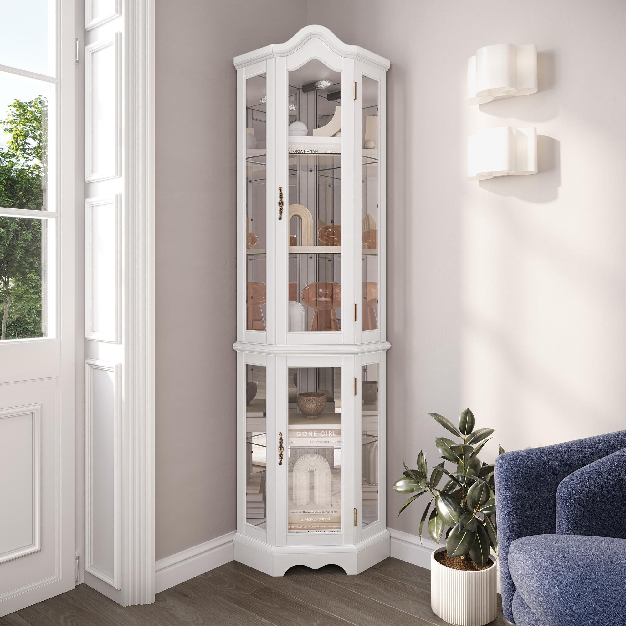 BELLEZE lighted 3-side glass display curio cabinet front view