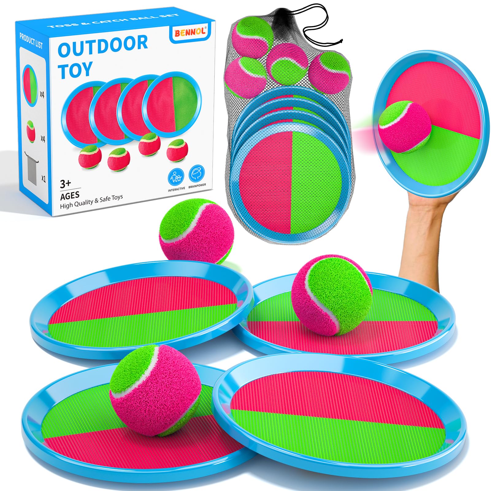 Bennol toss and catch velcro ball set with 4 paddles and storage bag