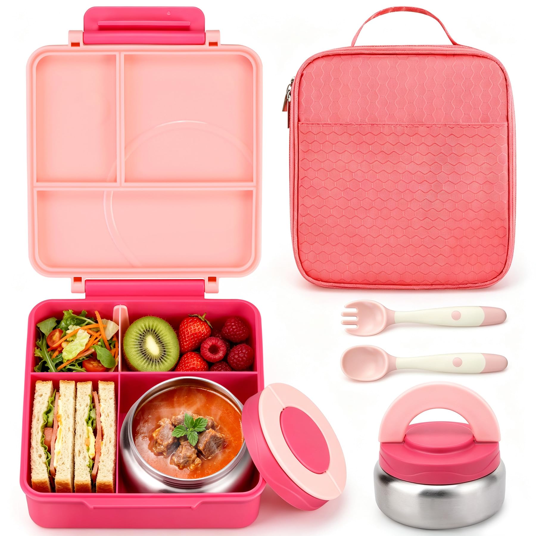 Pink Bento lunch box for girls with 54oz capacity and 8oz soup thermo