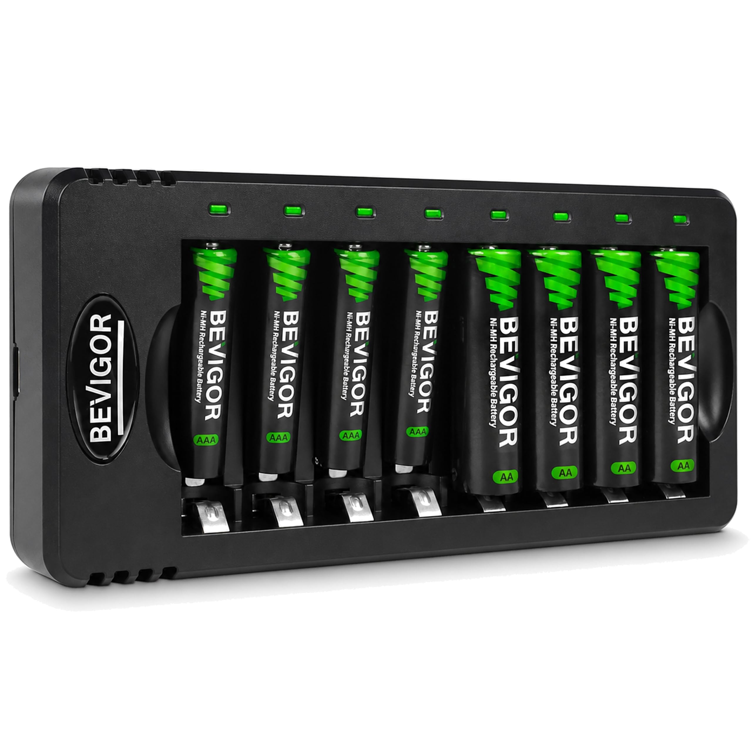 BEVIGOR 8 bay charger with AA and AAA rechargeable batteries