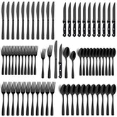 BEWOS 72-Pieces Black Silverware Set for 12 arranged as a full place setting