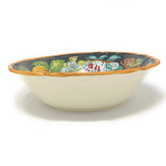 hand-painted pattern featuring white grapes pomegranates cherries and flowers on black