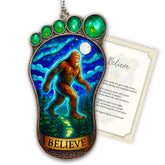 Front view of Bigfoot Christmas Ornament 2025 with story card
