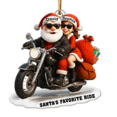 Bikers Santa's Favorite Ride ornament showing Santa and Mrs Claus on a motorcycle