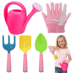Biubee pink gardening tools set for girls with gloves and watering can