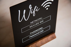 Walnut wood stand supports Custom WiFi Password Sign