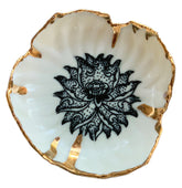 Close up of Black and Gold Lotus Flower Ring Dish showing 22karat gold overglaze on porcelain