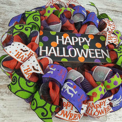 Black orange purple lime green Halloween wreath with ribbons