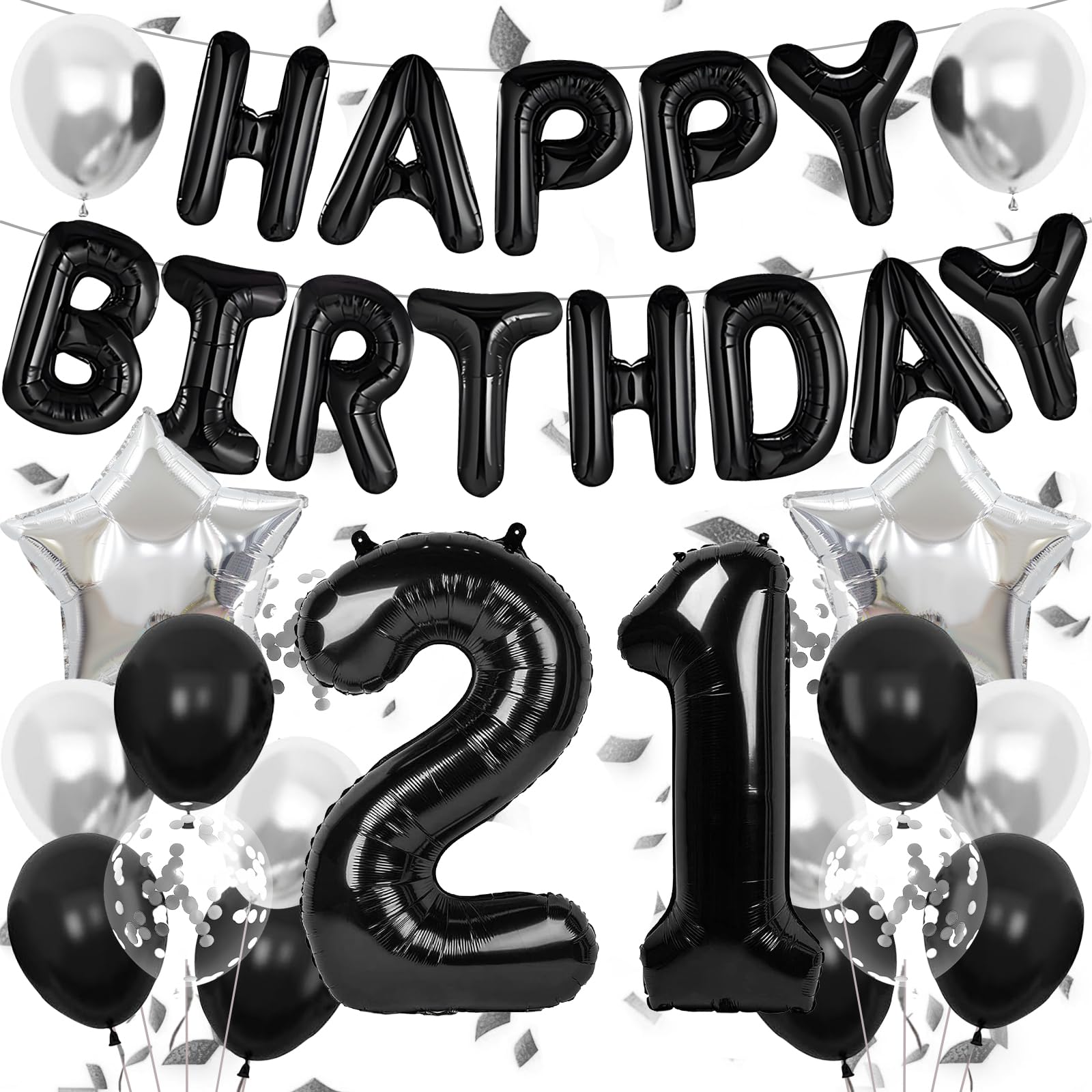 Black and silver birthday decorations kit with banner and balloons