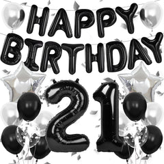 Black and silver birthday decorations kit with banner and balloons