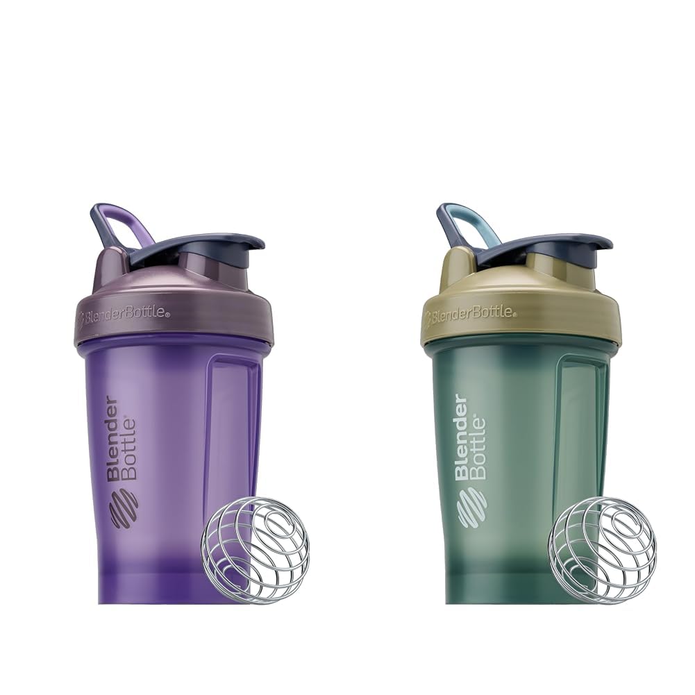 Two 20oz BlenderBottle Classic V2 shaker bottles in purple and tan with BlenderBall whisks