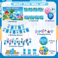 Blue Cartoon Dog themed balloons and hanging swirls