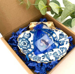 blue floral lace trinket dish with pearl earrings gift set