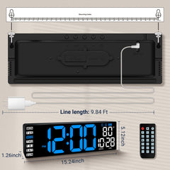 digital wall clock with remote control showing blue LED display