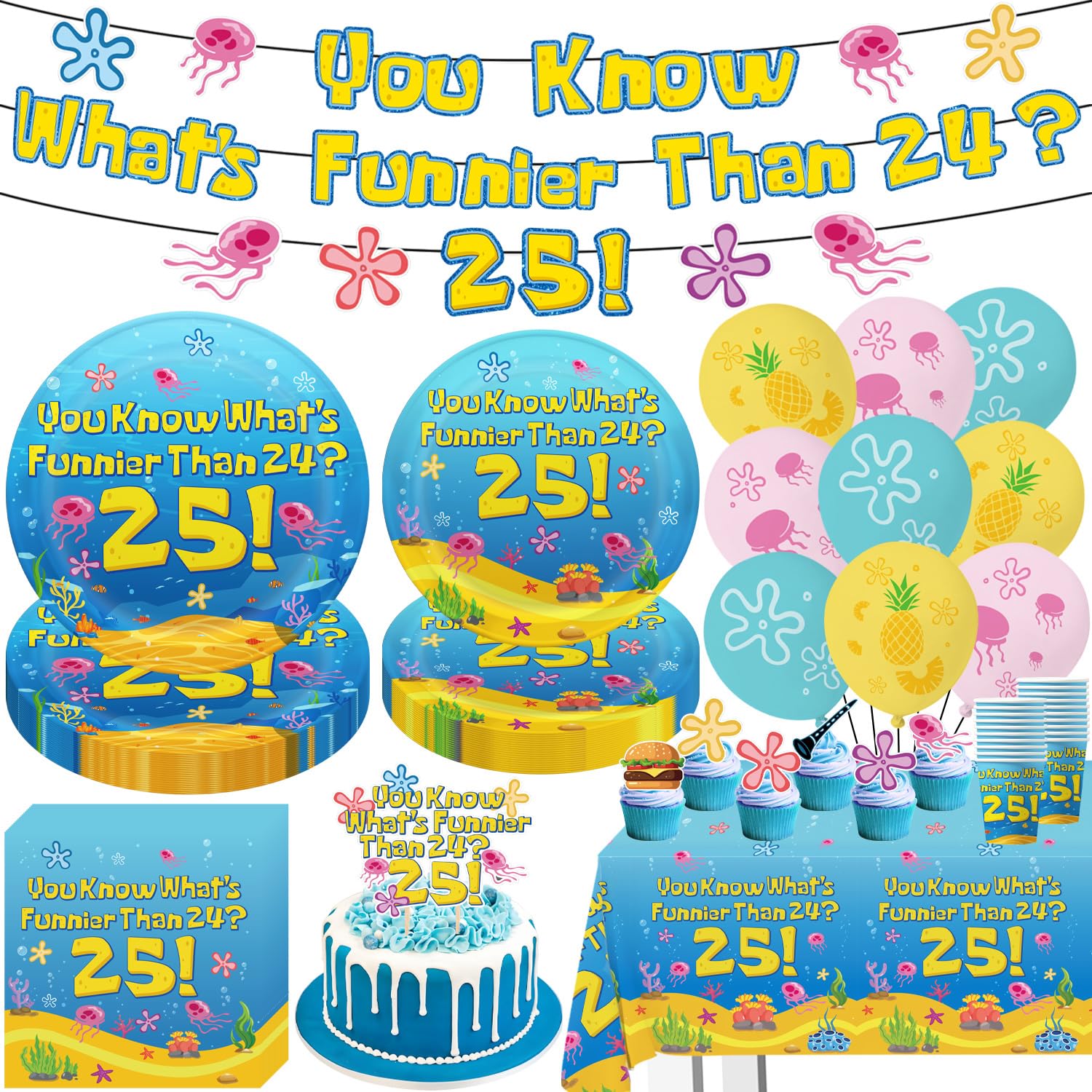 Blue ocean birthday tableware pattern with jellyfish starfish coral motif