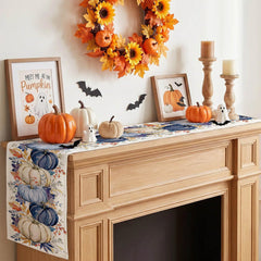 Blue Pumpkin Maple Leaf Fall Dinging Table Runner 13x72 Inch polyester fabric close up