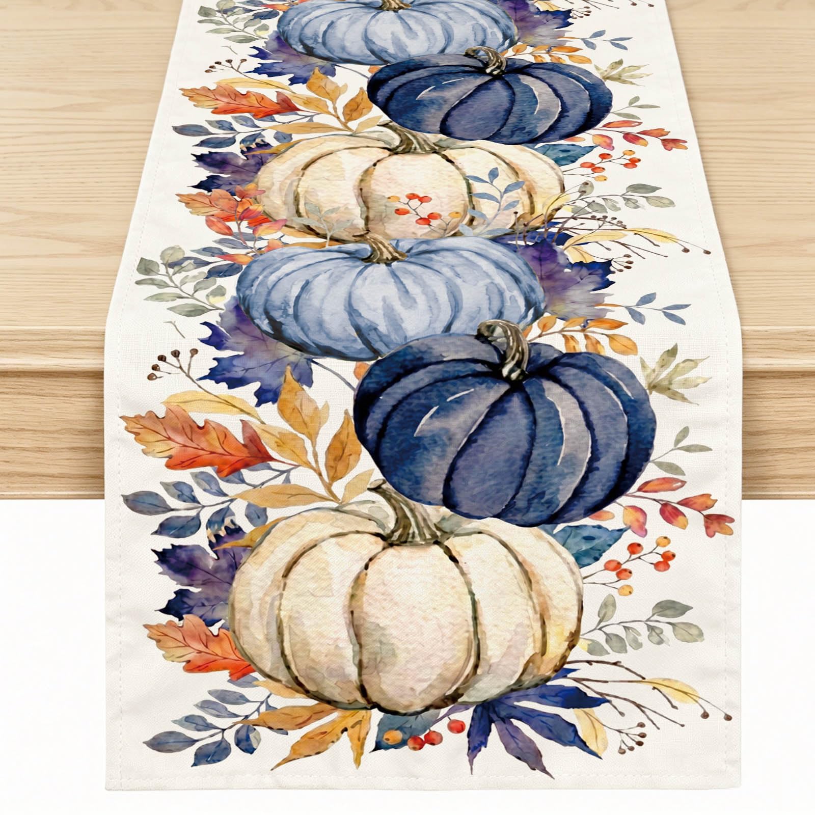 Blue Pumpkin Maple Leaf Fall Dinging Table Runner 13x72 Inch on dining table