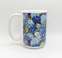 Blue purple hydrangea floral mug by Mugzan ceramic cup