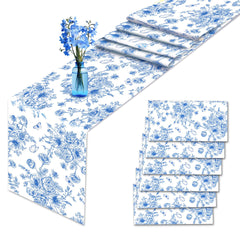 Blue and white porcelain themed plastic tablerunner set