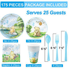 Blue Winnie Bear baby shower plates cups and napkins