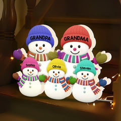 Decorative snowman light box showing personalized names on acrylic surface