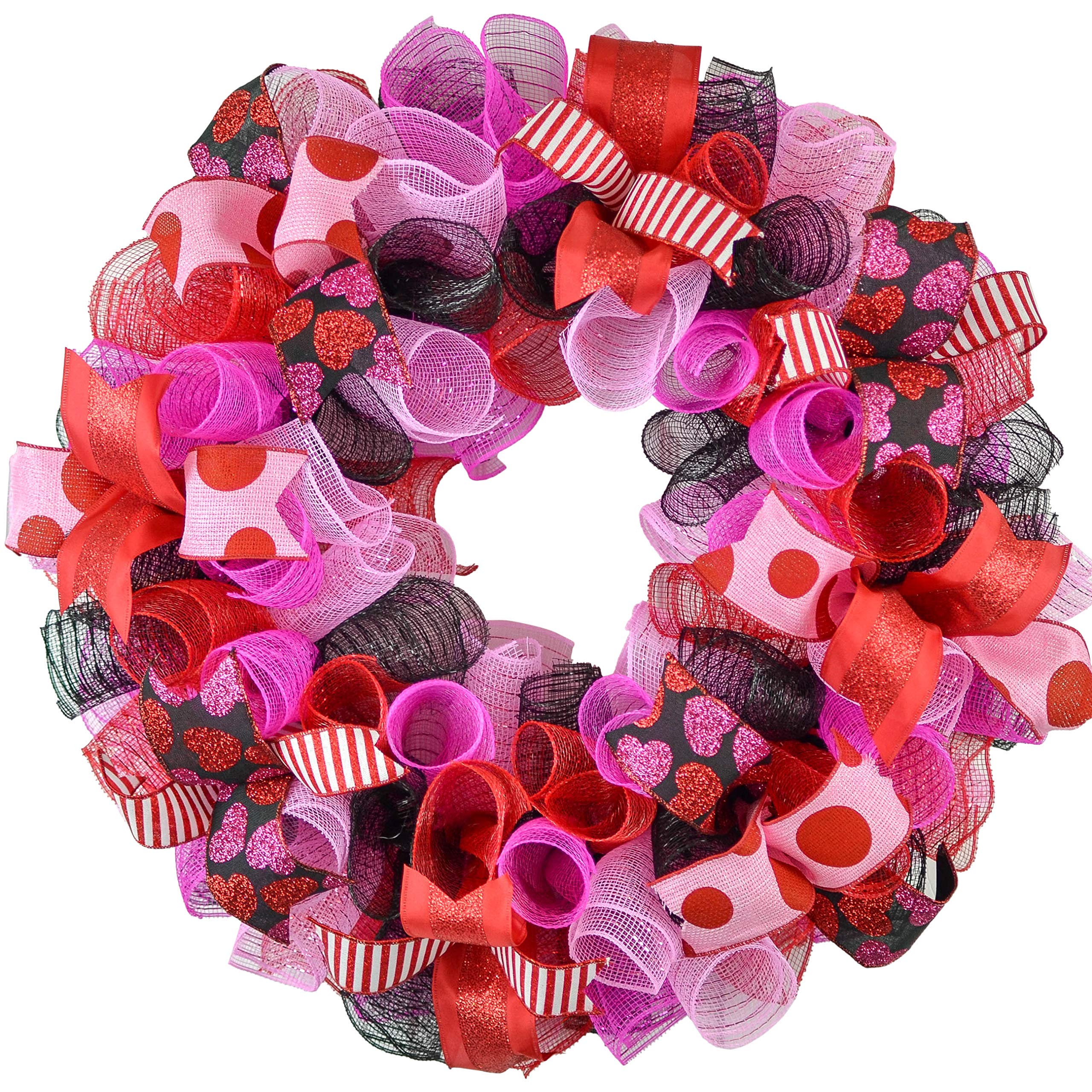 Bold Valentines Day Wreath 24 inch round red pink black mesh