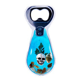 Bon Cube Magnetic Bottle Opener front view with skull design in blue resin