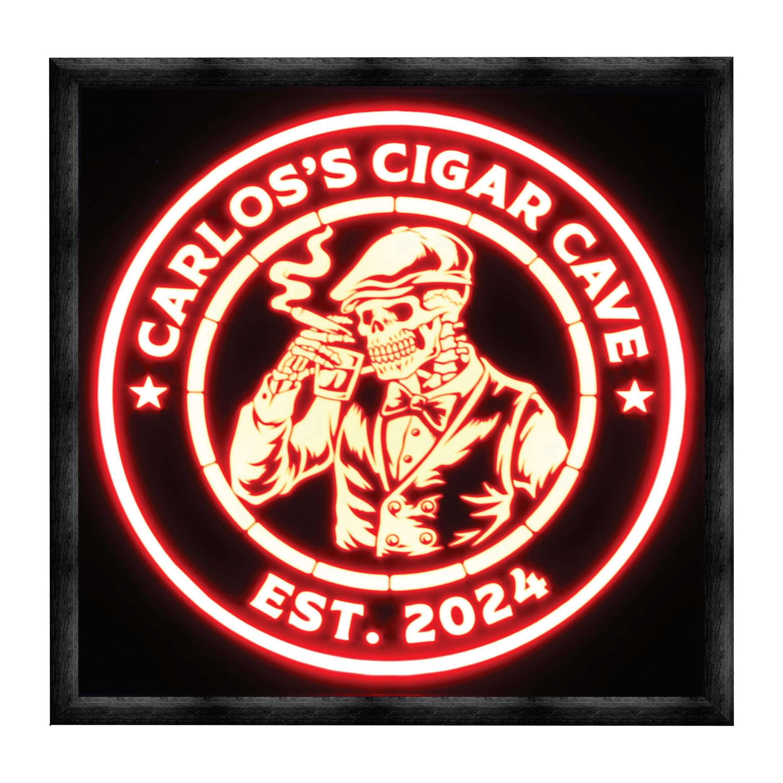 Bones & Smoke Co personalized bourbon & bones skeleton sign in wood frame