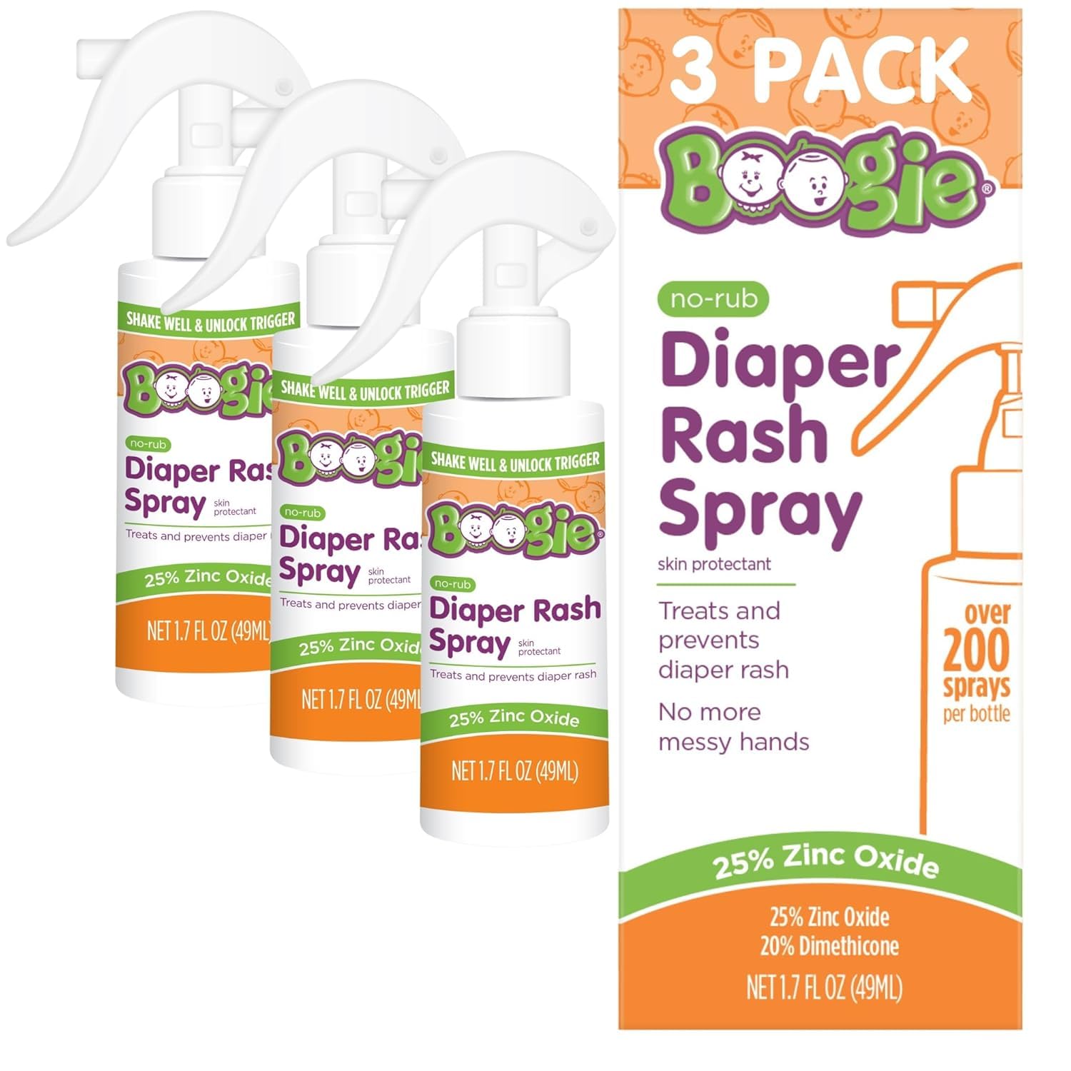 Front view of Boogie No-Rub Zinc Diaper Rash Cream Spray bottle