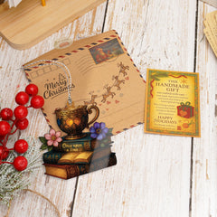 Book ornament with story card displayed on shelf