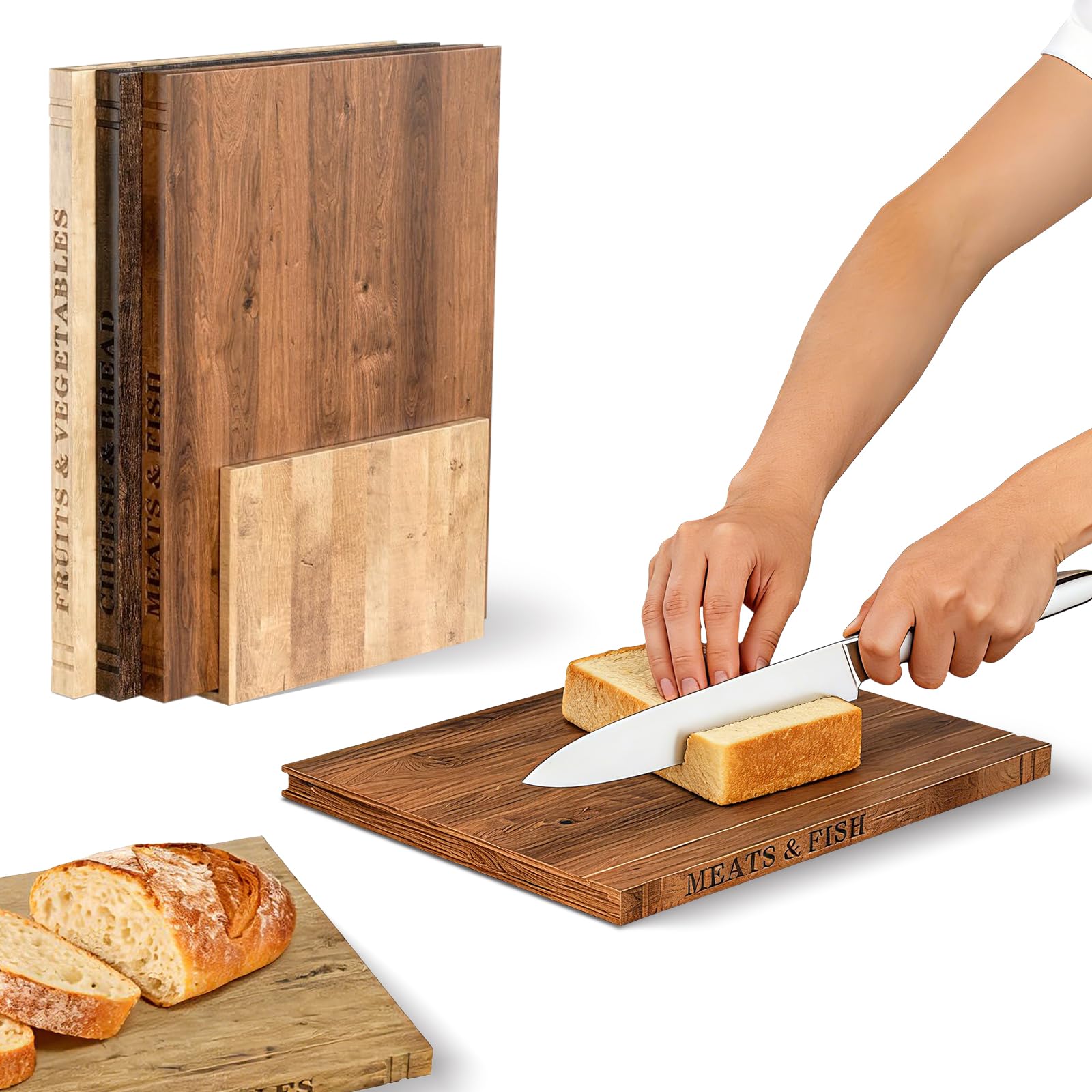 Book Cutting Board Set three-piece acacia wood cutting boards with stand