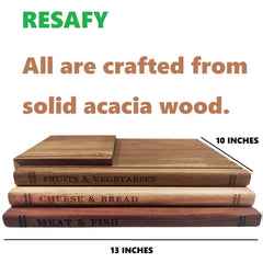 Three book-shaped cutting boards for meat vegetables and bread