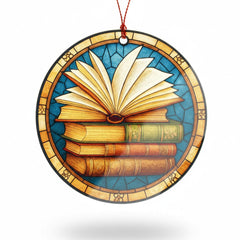 Open book ornament on a Christmas tree with vintage design
