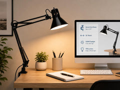 Desk lamp clamp mounted to desk edge for versatility